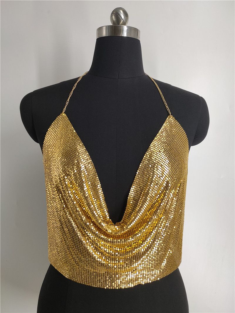 Top corto con scollo a V e scollo a V con cintura sottile e paillettes sexy da discoteca_voghion.com