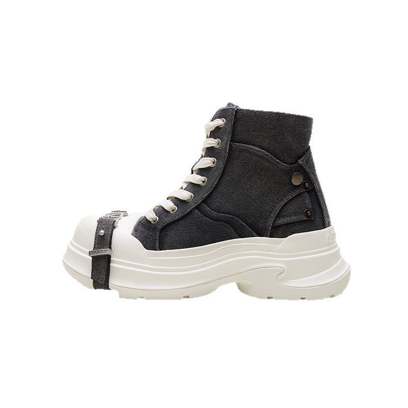 Vielseitiger, lässiger High-Top-Martin für Damen, dickbesohlte, höhensteigernde Frühherbst-Schnürschuhe aus Denim-Canvas_voghion.com