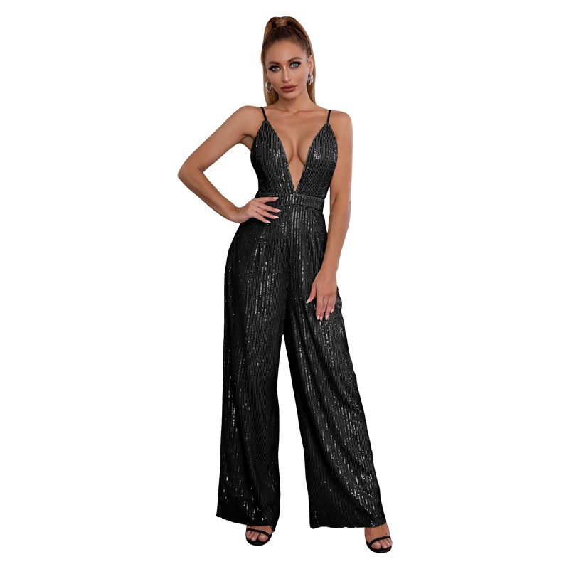 Ärmelloser Pailletten-Strampler Spice mit tiefem V-Ausschnitt und Neckholder-Strampler für Damen_voghion.com