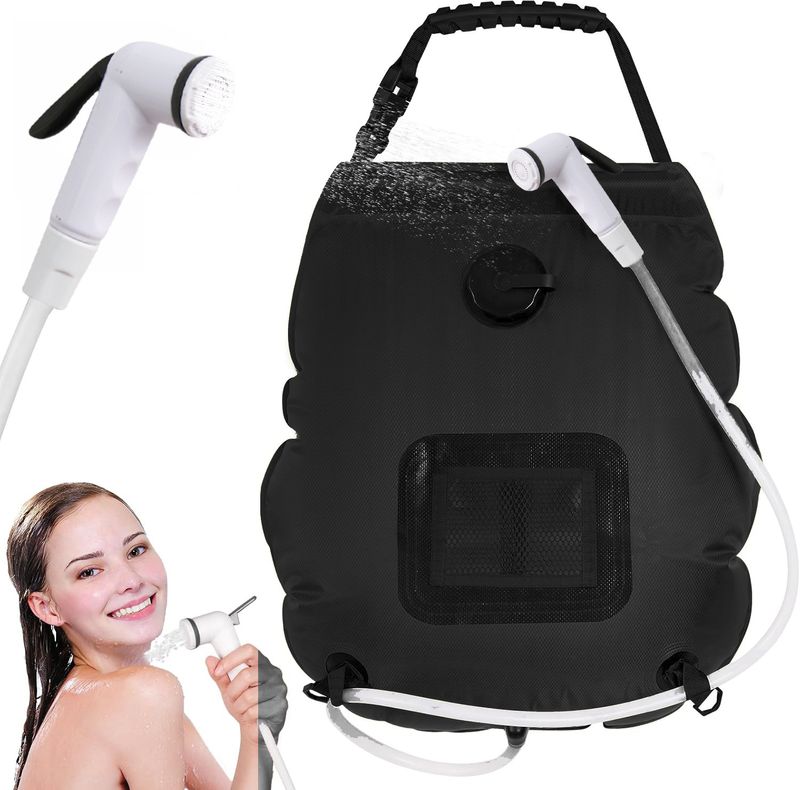 20L Solar Powered Camping Shower Bag Portable Outdoor Water Heater With Thermometer 6ft Hose Black PVC Material For Fast Heating_voghion.com
