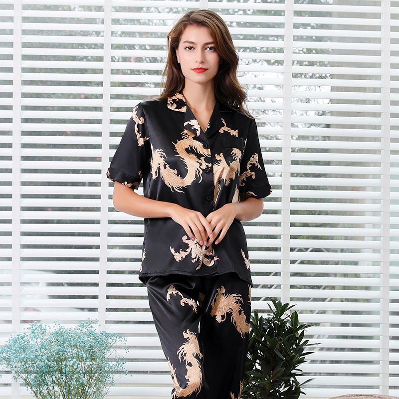 Couple Loungewear Simulation silk thin couple pajamas short-sleeved men and women cardigan V-neck silk home clothes suit_voghion.com