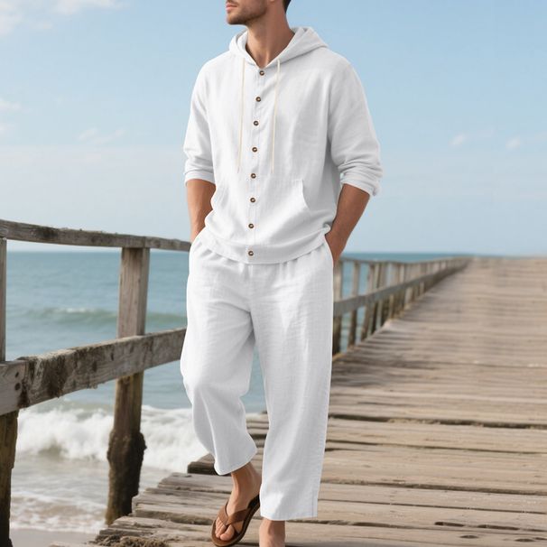 Camicia con cappuccio e pantaloni lunghi larghi in lino da uomo in stile americano, stile primaverile e autunnale, casual da spiaggia_voghion.com
