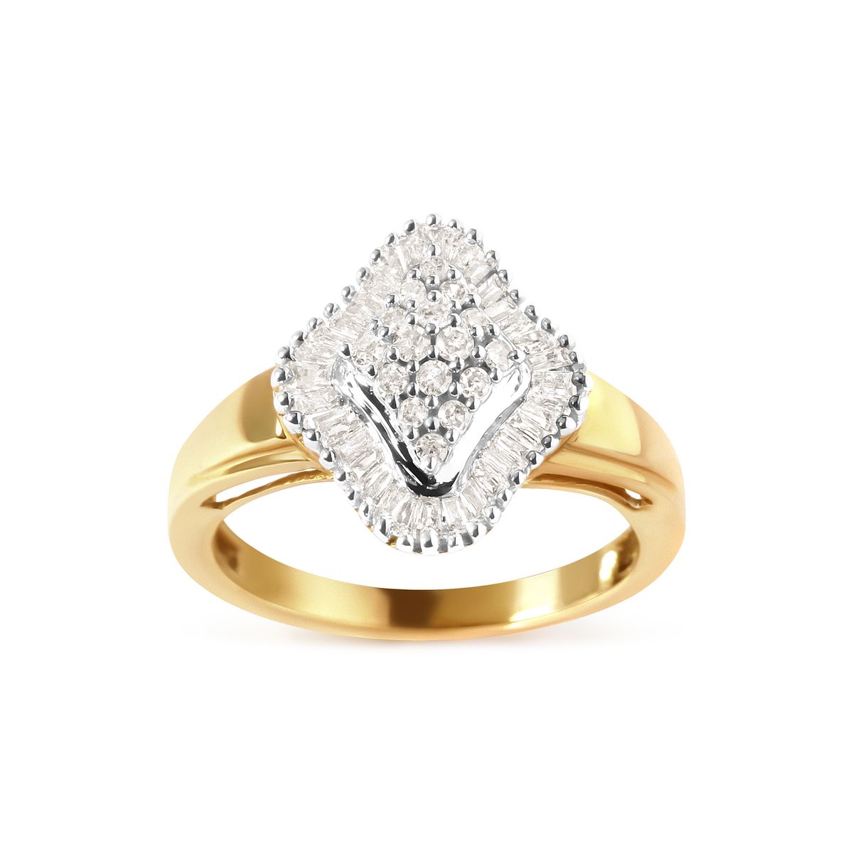 10K Yellow Gold 1/2 Cttw Round And Baguette-cut Diamond Rhombus Head and Halo Ring (I-J Color, I1-I2 Clarity) - Ring Size 7_voghion.com