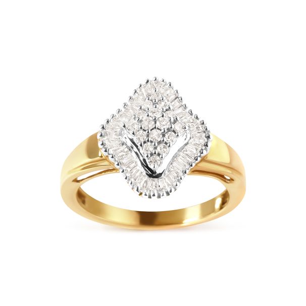 10K Yellow Gold 1/2 Cttw Round And Baguette-cut Diamond Rhombus Head and Halo Ring (I-J Color, I1-I2 Clarity) - Ring Size 7_voghion.com