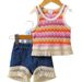 Mamma e bambini, top senza maniche a righe con nappe e pantaloncini in denim, set da due pezzi carino_voghion.com