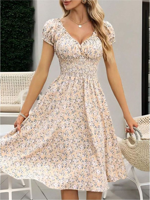 Abito floreale 2025, nuova estate, sensazione di alta qualità, gonna lunga che stringe la vita e snellisce, gonna ampia con scollo a V._voghion.com