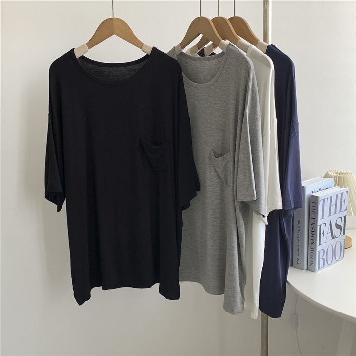 Wind Loose Modal Pocket Short Sleeved T-shirt Women, Mid To Long, Solid Color, Hanging Sensation, Round Neck Casual Top_voghion.com