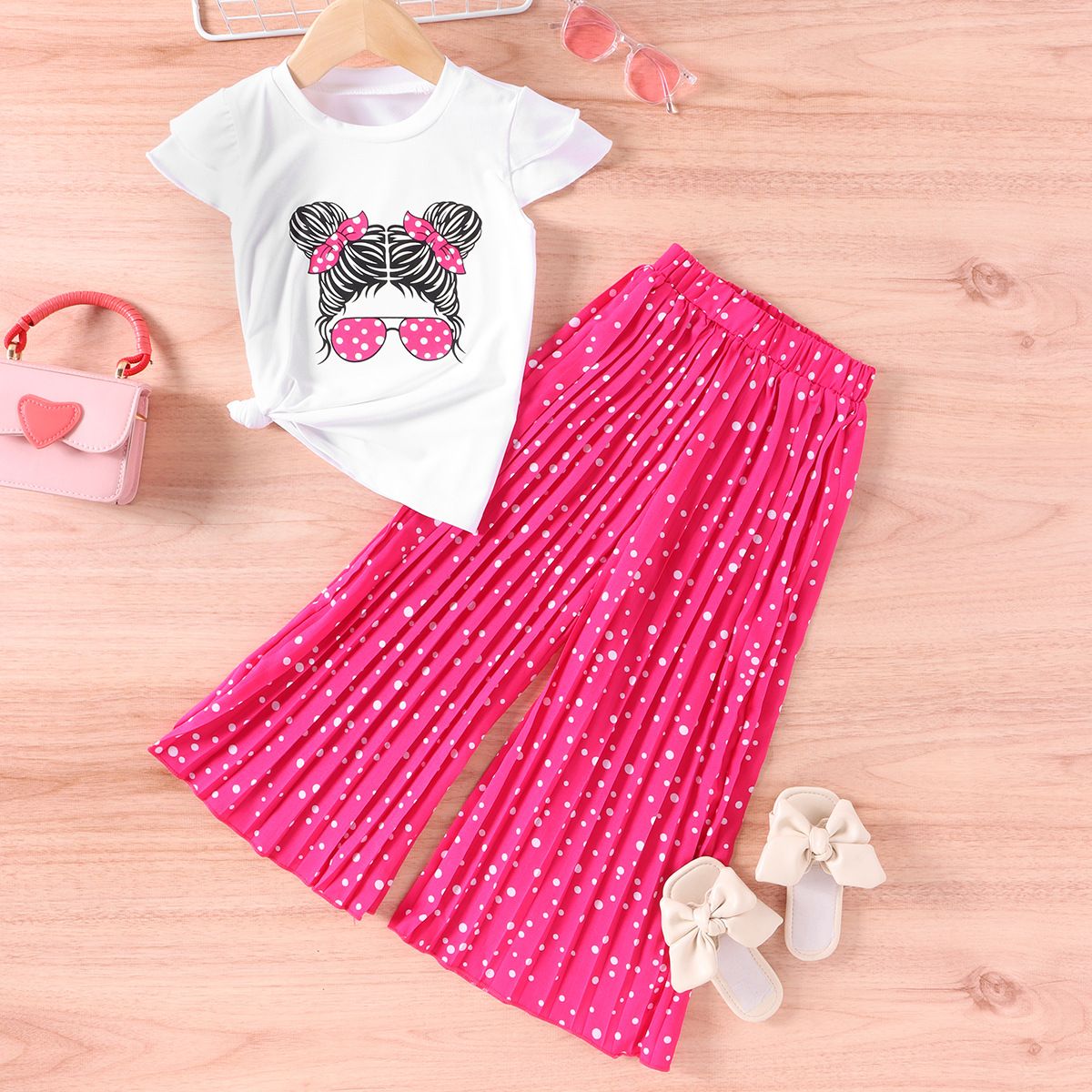 "Girls' Graphic Print Short Sleeve Top + Wide Leg Pants 2-Piece Set – 100% Polyester, Soft & Stylish Outfit For 3-8 Years (100-140cm)"_voghion.com