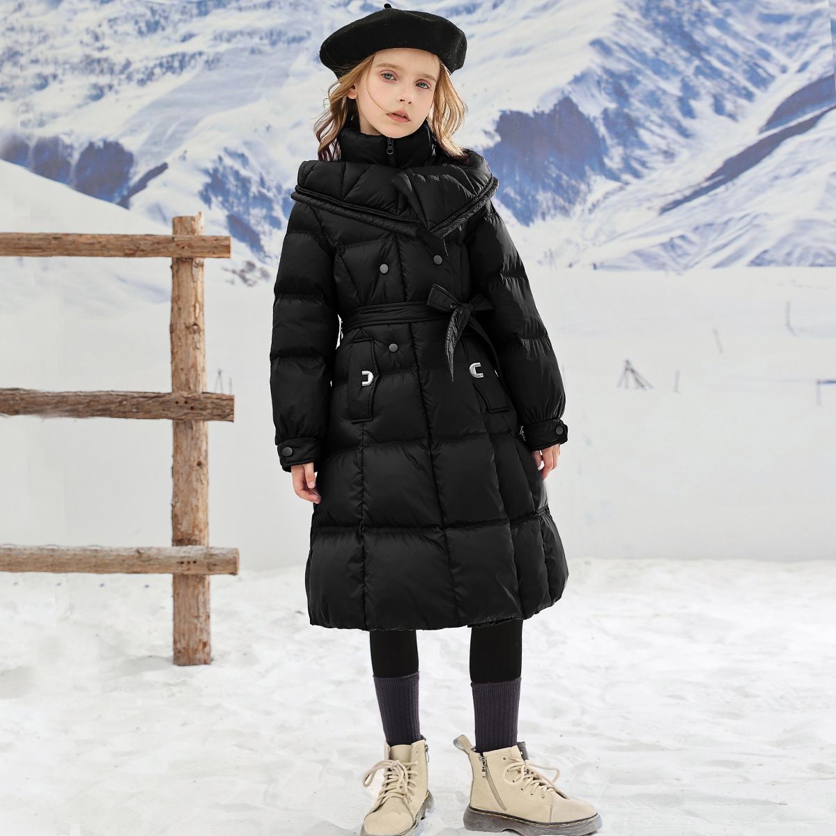 Girls' down cotton thickened and warm, long length jacket, stylish, medium to large size, waist cinched, children's 2024_voghion.com