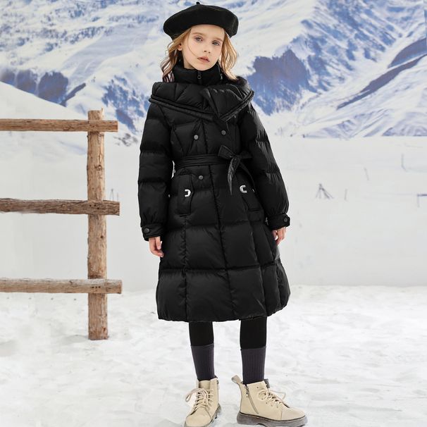 Girls' down cotton thickened and warm, long length jacket, stylish, medium to large size, waist cinched, children's 2024_voghion.com