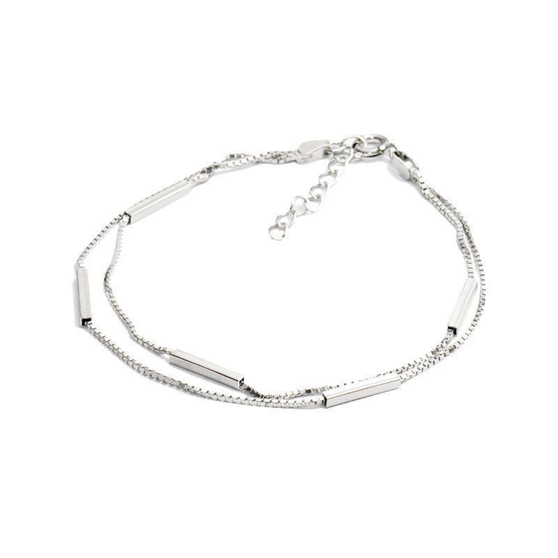Pulsera de barra redonda de doble capa con barra de una línea a la moda de Sterling VENUS Sier, joya de arte forestal Simple para mujer_voghion.com