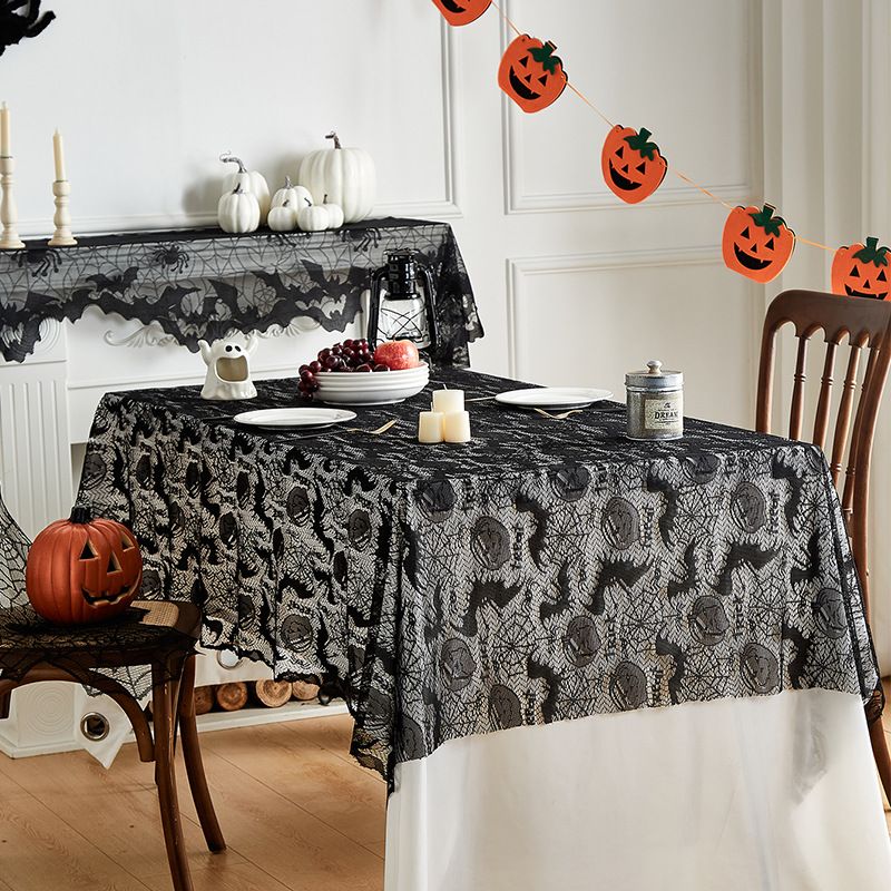 Halloween Gothic Bat Lace Tablecloth – Scandinavian Style Polyester Decor For Dining Table, Buffet & Sideboard (Black, Multiple Sizes)​_voghion.com