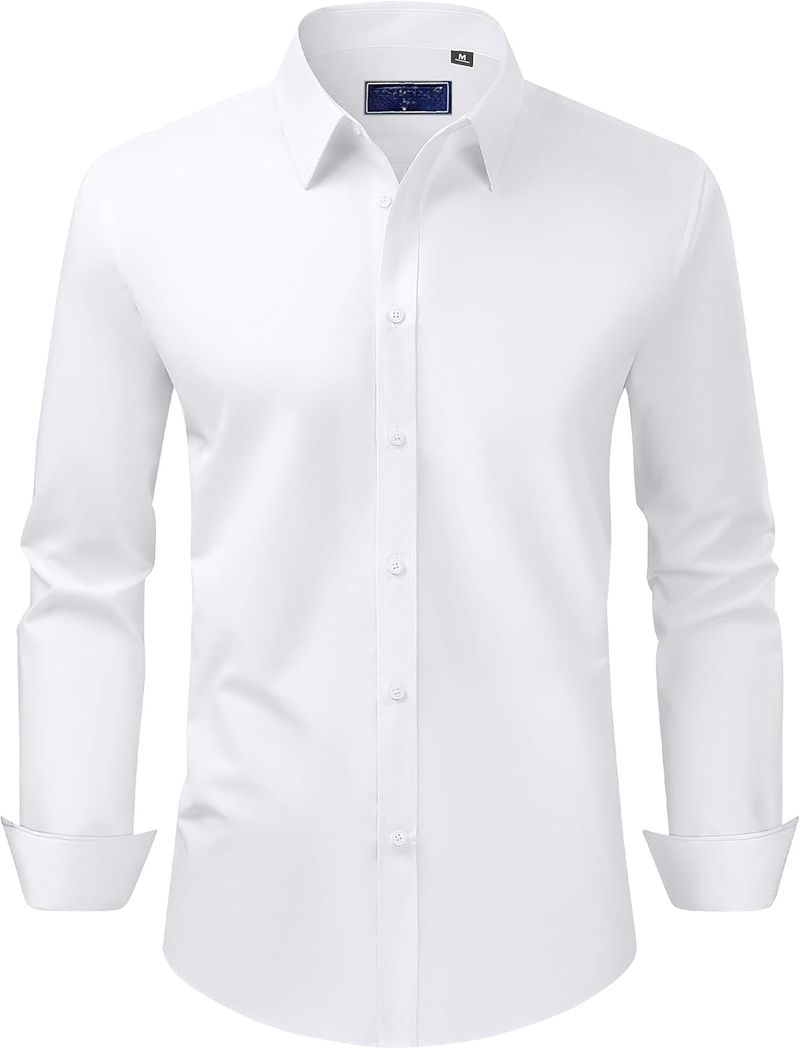 Men's Dress Shirt Regular Fit Stretch Stain Shield Long Sleeve Solid Business Wedding Button Down Shirts_voghion.com