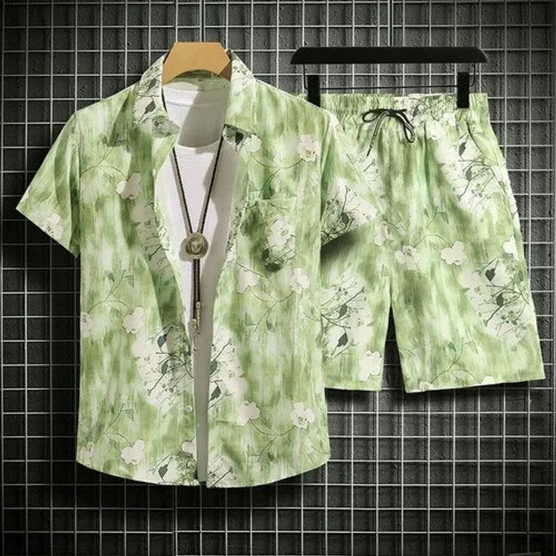 Hawaiian Beach Enemble Uomo Baggy Manica Corta Combo per Viaggio Hainan Vacanza Cartone Animato Mezza Manica Camicia Floreale_voghion.com