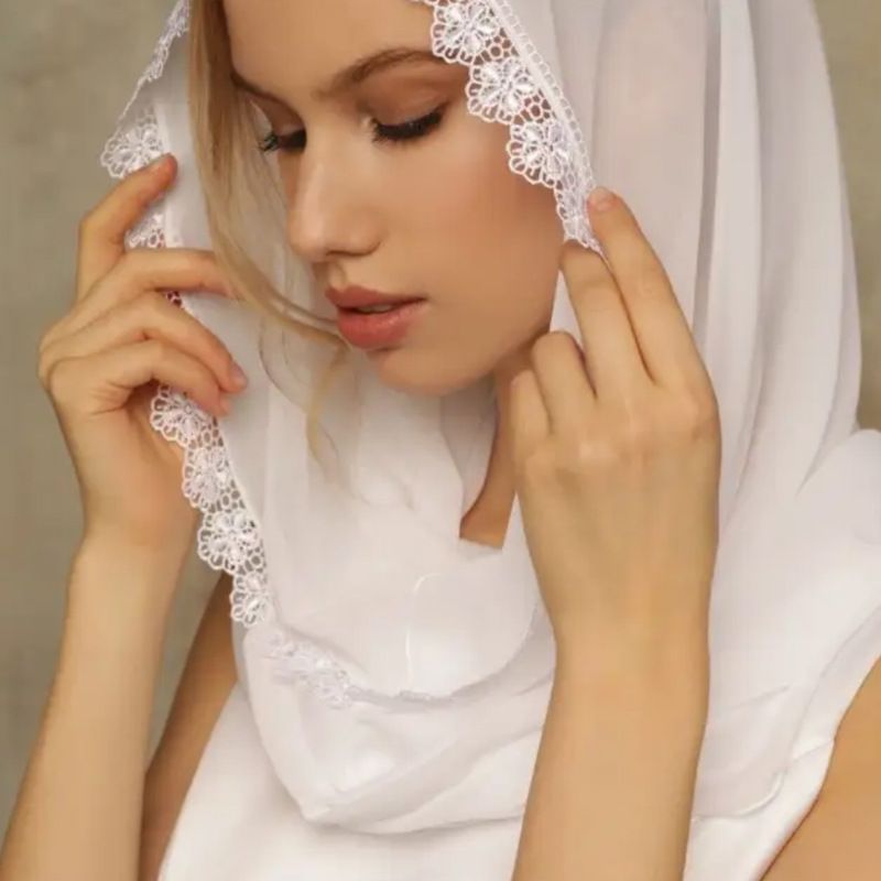 Moslim bruidssluier bruidssluier retro effen kleur kant kerksluier Moslim hoofddoek communie sjaal_voghion.com