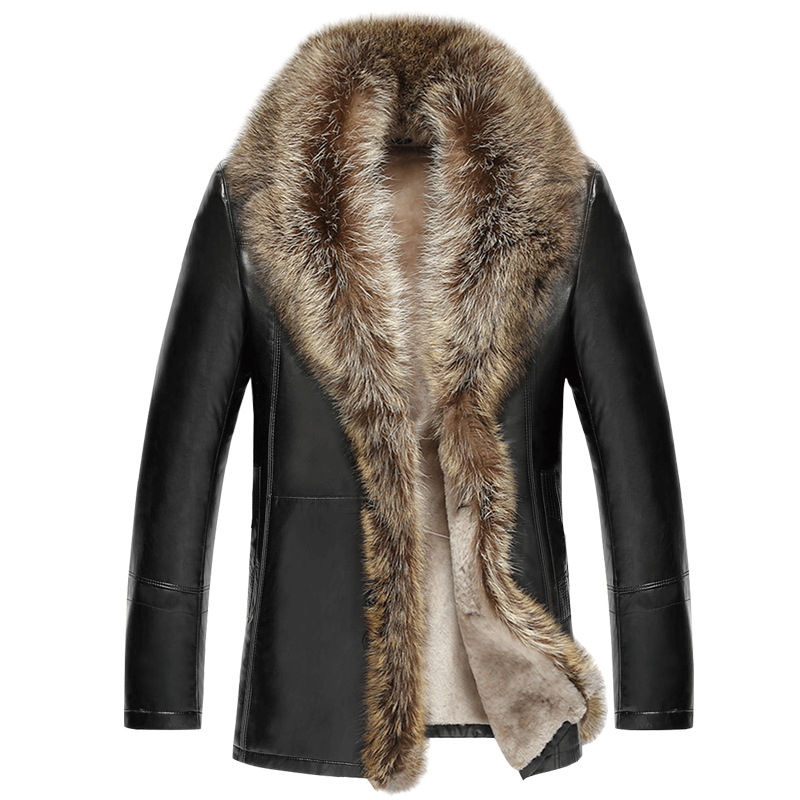 Cappotto di pelliccia lungo da uomo in pelliccia di procione invernale con collo in pelliccia grande. Cappotto in pelle ispessita da uomo_voghion.com