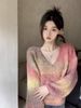 Maglione lavorato a maglia a maniche lunghe con colori sfumati per donna, nuovo stile autunno inverno 2023, pullover largo con scollo a V in stile pigro_voghion.com