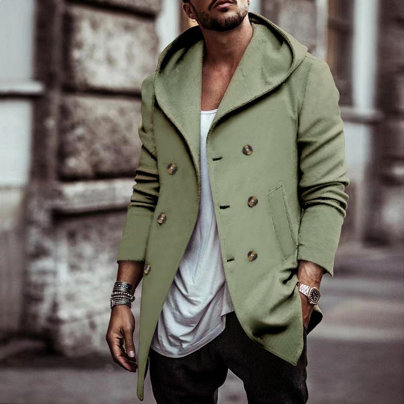 Herbstlicher mittellanger Polo-Trench für Herren mit Kapuze, Composite-Space-Baumwolle, zweireihig, lässig_voghion.com