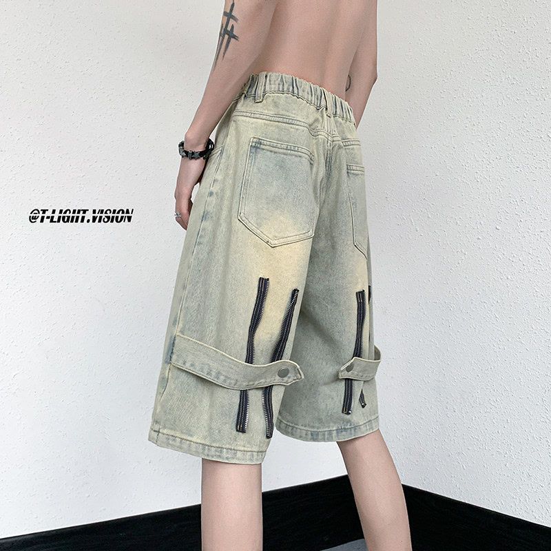 Hort in denim americano giallo fango, pantalone vintage da uomo ad alta attesa, snellente, lunghezza al ginocchio, lunghezza a un quarto_voghion.com