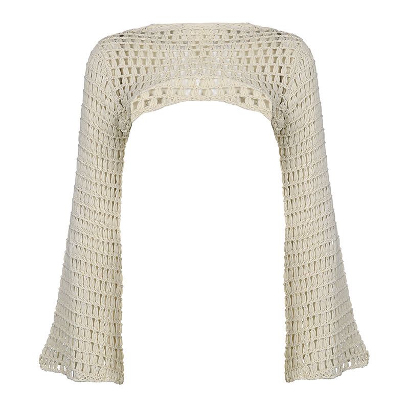 Top da donna in lana uncinetto con maniche svasate vuote, cappuccio corto, moda, nuovi capispalla in tinta unita Street Tide_voghion.com