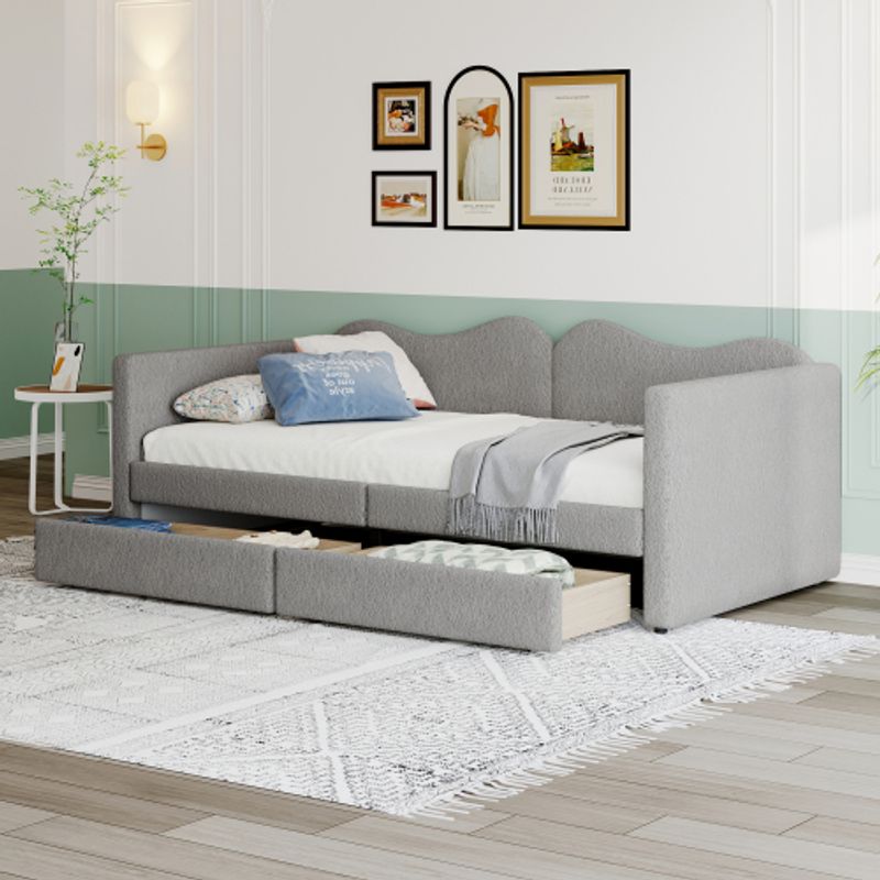 Kinderbett Polsterbett 90*200 Cm, Sofabett Mit 2 Schubladen, Bettrahmen Teddybärstoff, Multifunktionsweichbett Mit Rückenlehne Und Armlehnen, Jugendbett Gästebett Grau_voghion.com