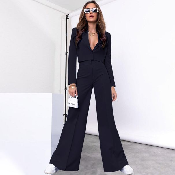 GraceChic, giacca da donna alla moda per il commercio estero transfrontaliero, a maniche lunghe e corte, tinta unita, pantaloni a gamba larga e vita alta_voghion.com