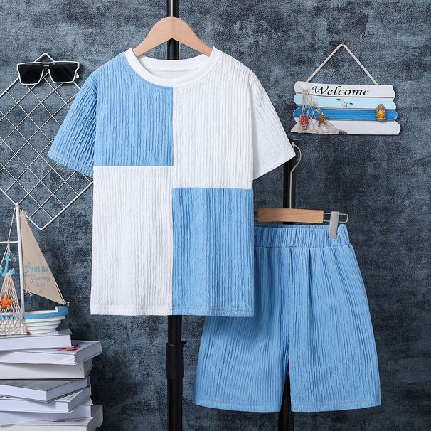 Teenage and guys little young men clothing short sleeved shorts children's two piece suit foreign trade color matching trendy children's clothing_voghion.com