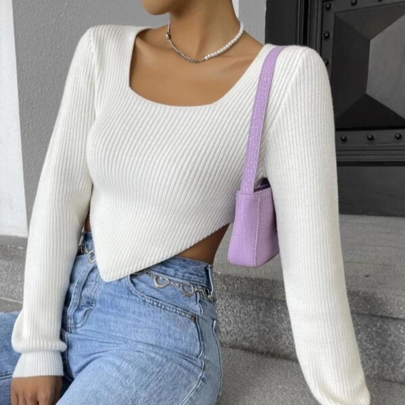 Short Irregular Knitted Sweater For Women 2025 Spring And Autumn New Solid Color Pullover Square Neck Women's Top Trendy_voghion.com