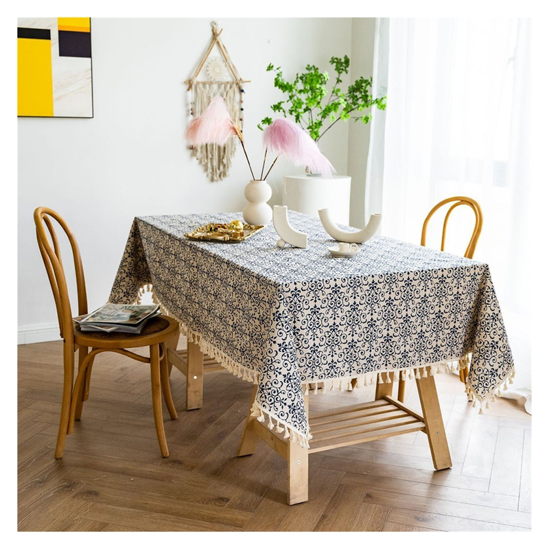 Retro Printed Blue Tablecloth Rectangular With Tassel Table Cloths Dining Table Cover For Wedding Party Restaurant Table Decoration_voghion.com