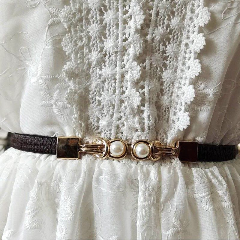 Schwarzer schmaler Taillengürtel, dünn, elastisch, dekorativ, modisch, elegant, Perlenschnalle für Damen_voghion.com