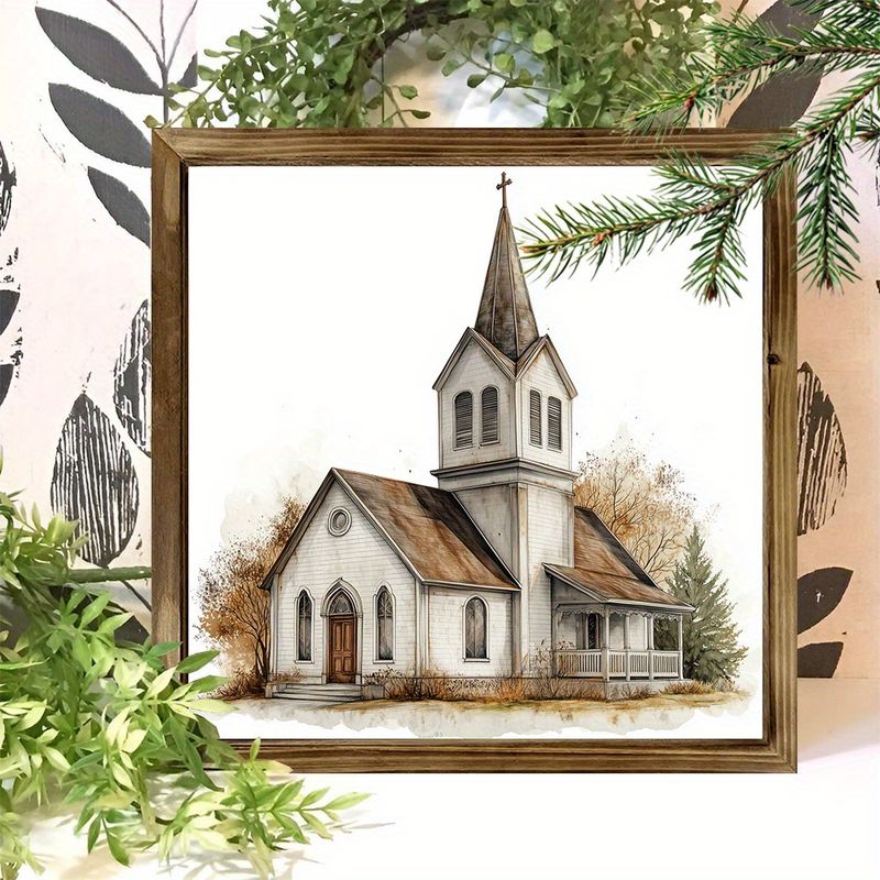 "8x8" Rustic Farmhouse Church Wooden Sign - Vintage Country Decor Perfect For Living Room Or Office. Ideal Holiday Gift._voghion.com