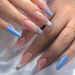 Uñas postizas francesas a rayas azules, largas, reutilizables, con pegamento o gel, ideales para mujeres._voghion.com