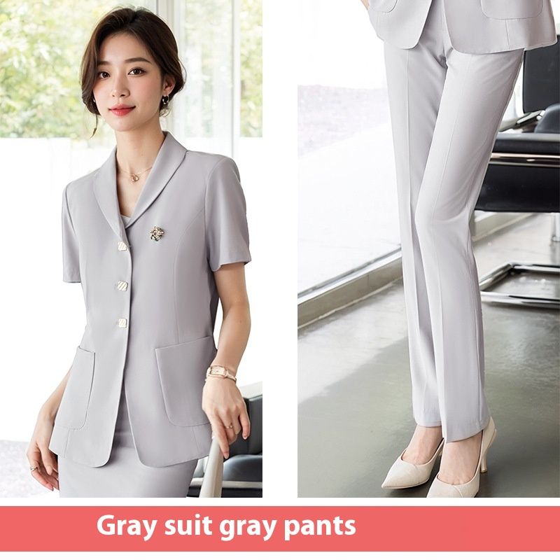 Grey Short Sleeved Professional Suit For Female Summer, High-end Temperament, Ear Pickers, Beauty Salons, Health_voghion.com