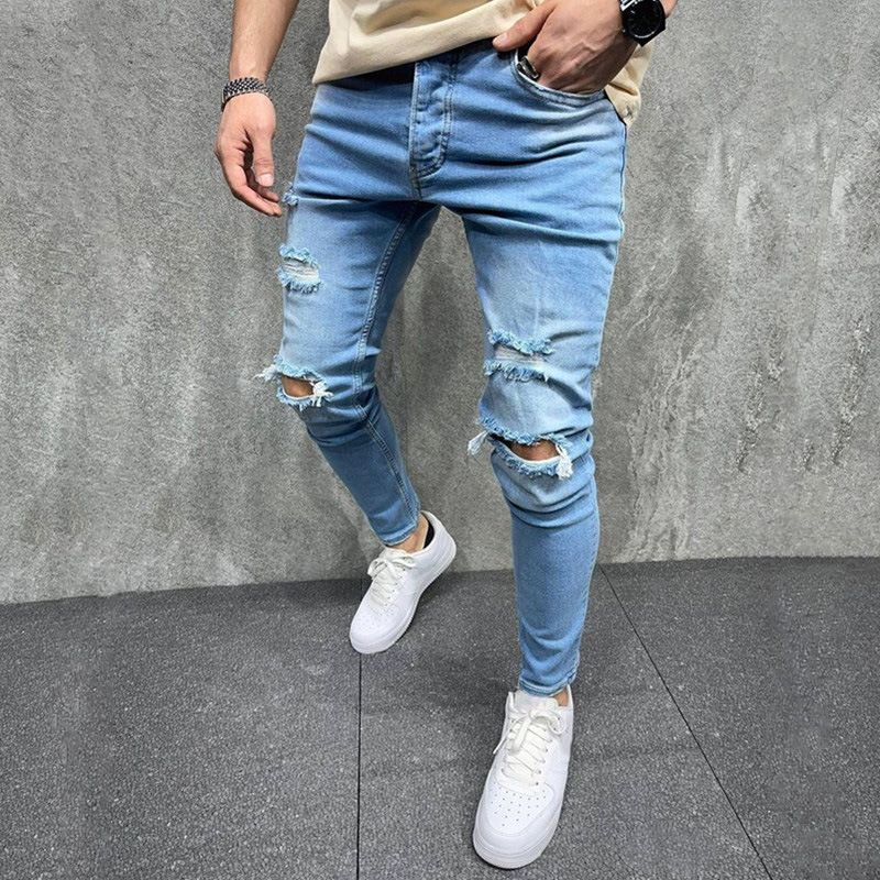 Nuovo stile jeans elasticizzati colore chiaro buco pantaloni dimagrante uomo denim_voghion.com