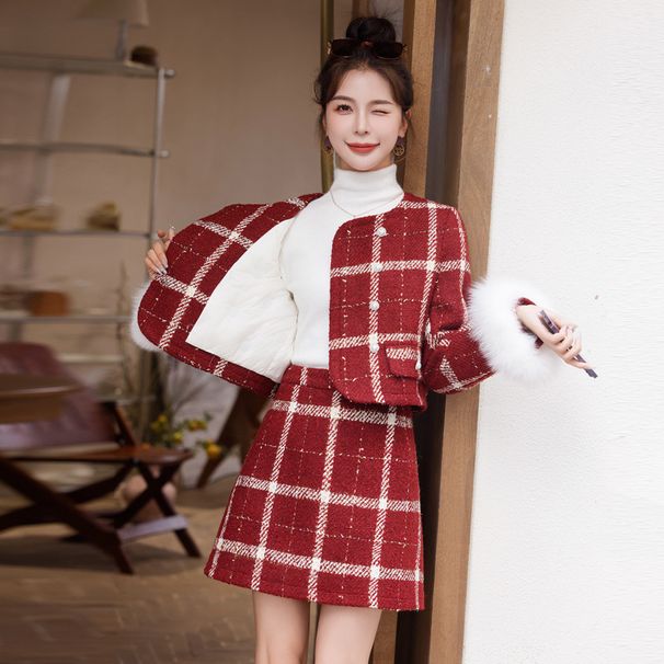 Bao's betrouwbare 2024 winterjas geruite bont korte rok set met witte eendendons_voghion.com