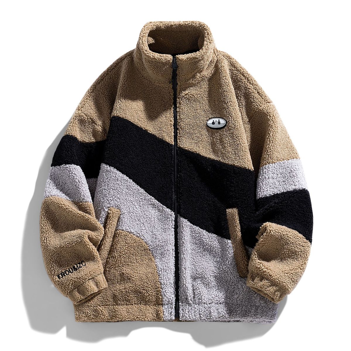 Herrenbekleidung Fleecegefütterte Jacke – Weicher Sherpa-Kragen, Verdickter Wintermantel, Farbblock-Design, Slim Fit, Reißverschluss, Lässige Oberbekleidung_voghion.com
