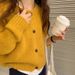 ragazza 2025 Nuovo cardigan lavorato a maglia coreano giallo con scollo rotondo e maniche lunghe, stile delicato, versatile, da donna, per autunno e inverno_voghion.com