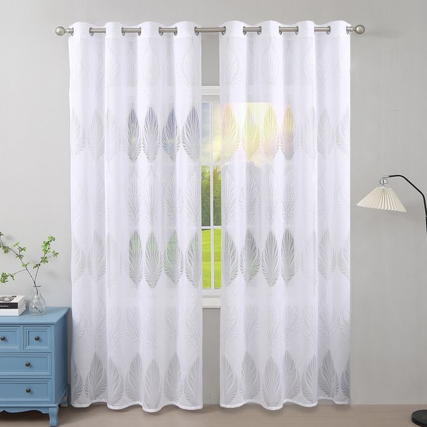 White Feather Jacquard Curtains With Metal Grommets – Semi-Sheer Window Drapes For Living Room, Bedroom & More, Ready-to-Hang Home Decor_voghion.com