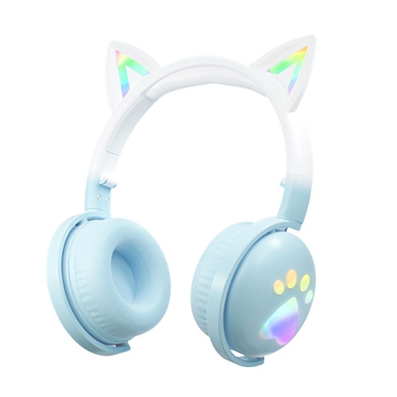 KE28 RGB Sevimli Kedi Kulakları Bluetooth Kablosuz Müzik Kulaklığı Çıkarılabilir Mikrofonlu (Mavi)_voghion.com