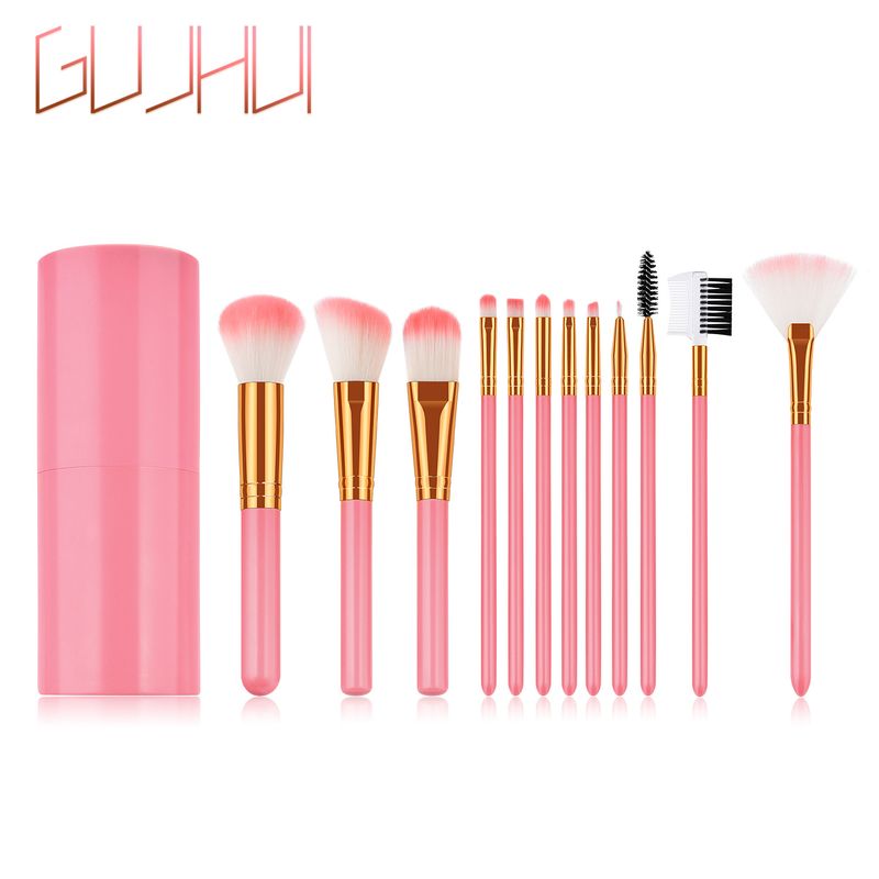 12 Stück Make-up-Pinsel, Make-up-Tools, loser Puderpinsel, Fächerpinsel, rosa, mit Pinselschaft, Set GUJHUI_voghion.com