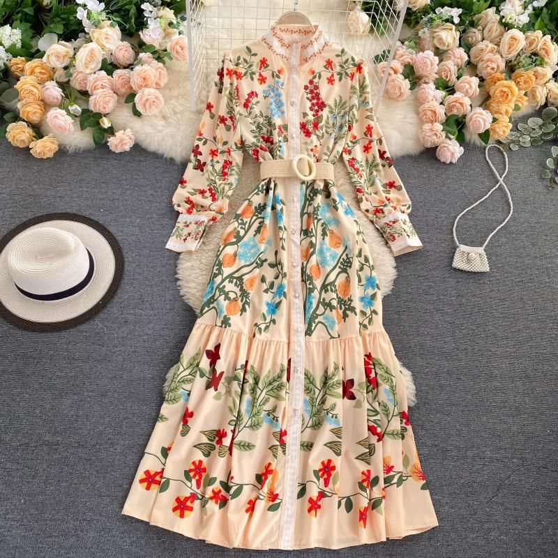 Abito da donna in stile palazzo retrò con cravatta in vita, girocollo, maniche lunghe, volant, gonna a trapezio in stile fata western_voghion.com
