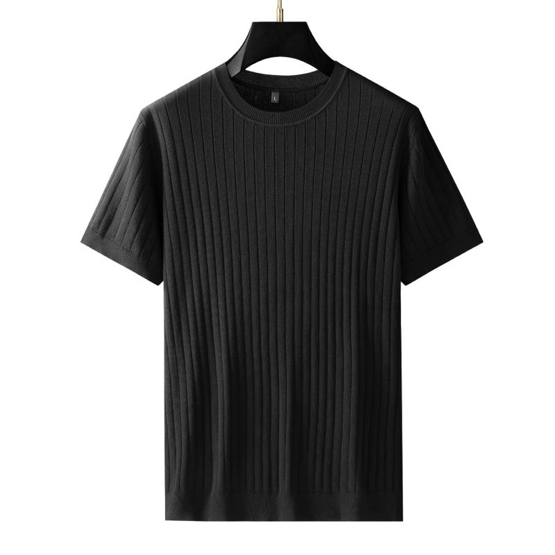 T-shirt en tricot décontracté pour homme – Coupe slim décontractée, polyester respirant, manches courtes rayées (noir)_voghion.com