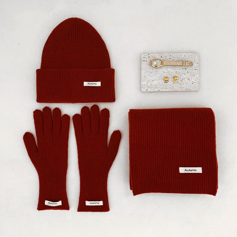 Hat, gloves, three piece set, solid color knitted  cashmere yarn scarf, red Christmas hat set_voghion.com