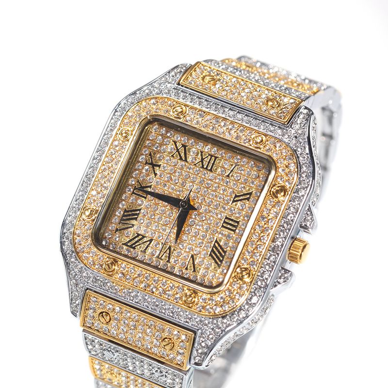 BlazeRome Hip-Hop-Armbanduhr für Herren – quadratisches Zifferblatt mit Diamanten und römischen Ziffern_voghion.com