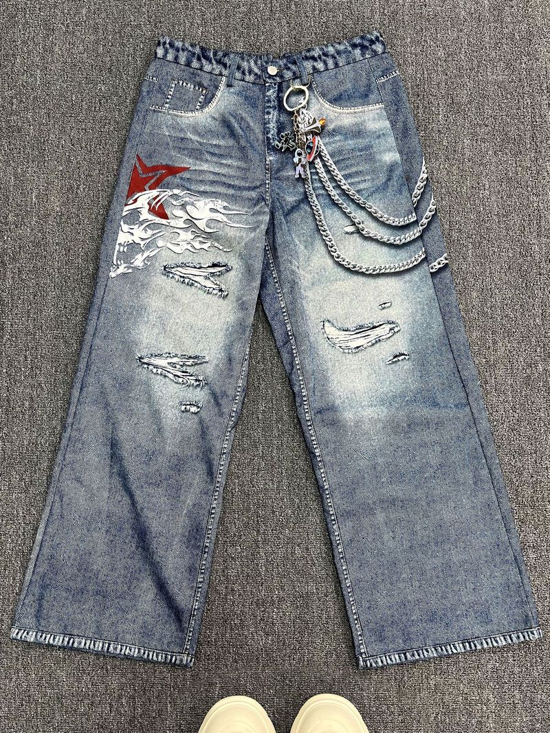Herrenjeans mit Ins-Print, vier Jahreszeiten, lockere, lässige, gerade Hose mit weitem Bein_voghion.com