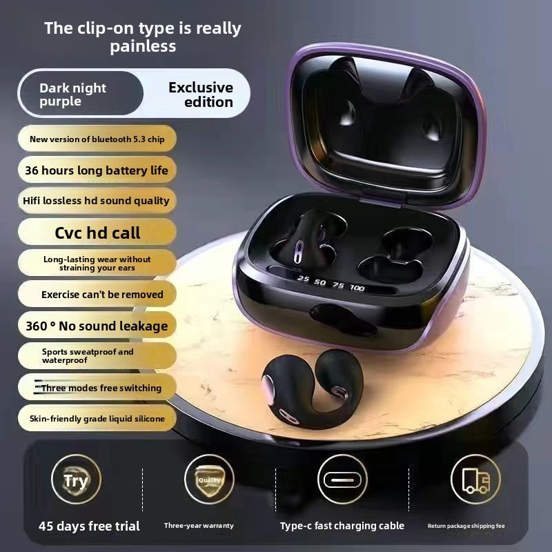 Wireless Bluetooth Earbuds Bone Conduction Clip-on Ear Painless Wearing High Sound Quality Long Battery Life Compatible_voghion.com