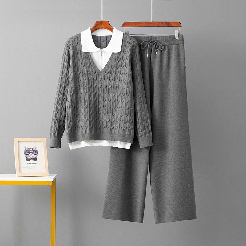 Completo da donna con polo casual in maglia e pantaloni dritti e comodi - Pullover testurizzato a righe con pantaloni comodi per l'ufficio e il fine settimana_voghion.com