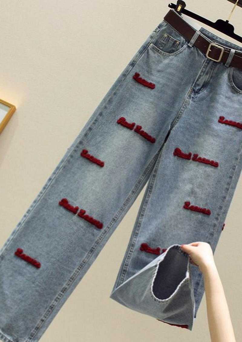 Clothing 2024 Spring and Summer New Embroidered Straight Jeans Women's High Waist Loose Slim Small Narrow or Mopping_voghion.com