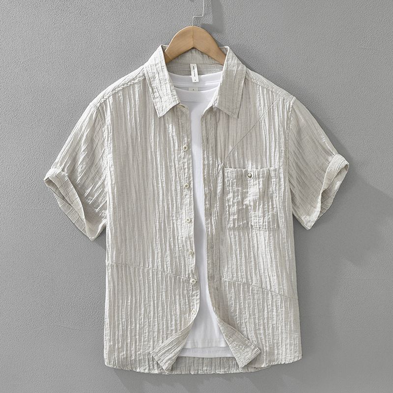 Solid Color Texture Short Sleeved Shirt For Men, Fashionable And Versatile, Artistic And Casual Loose Top_voghion.com