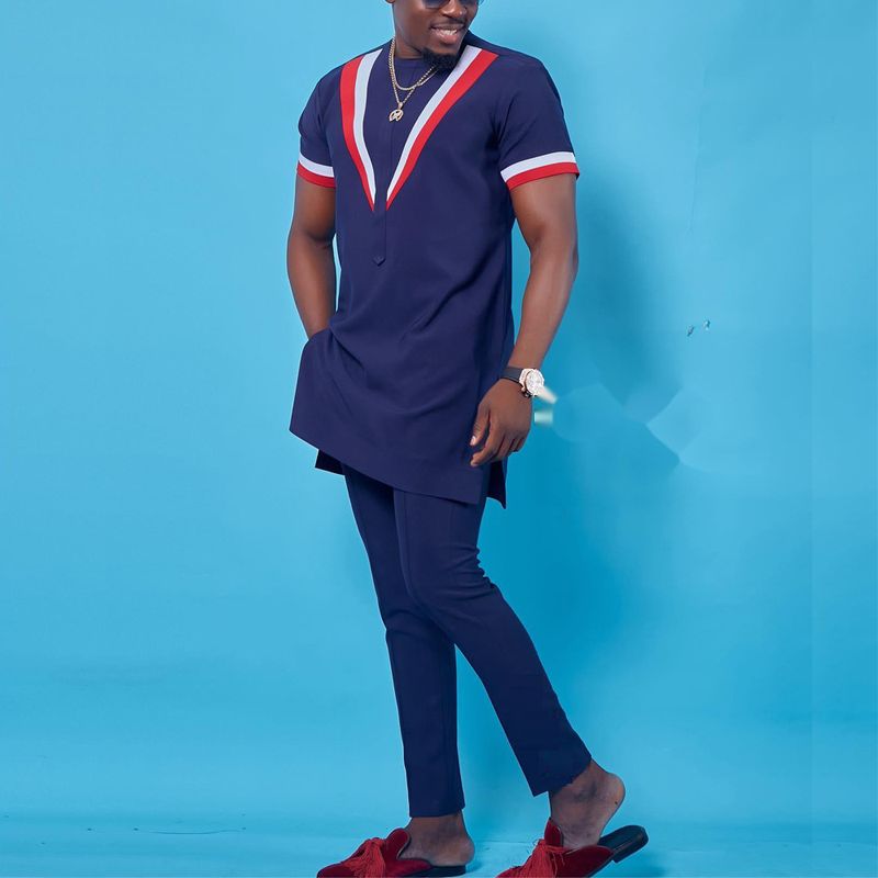 Men's short sleeve solid color patchwork African men's set 2 sets_voghion.com